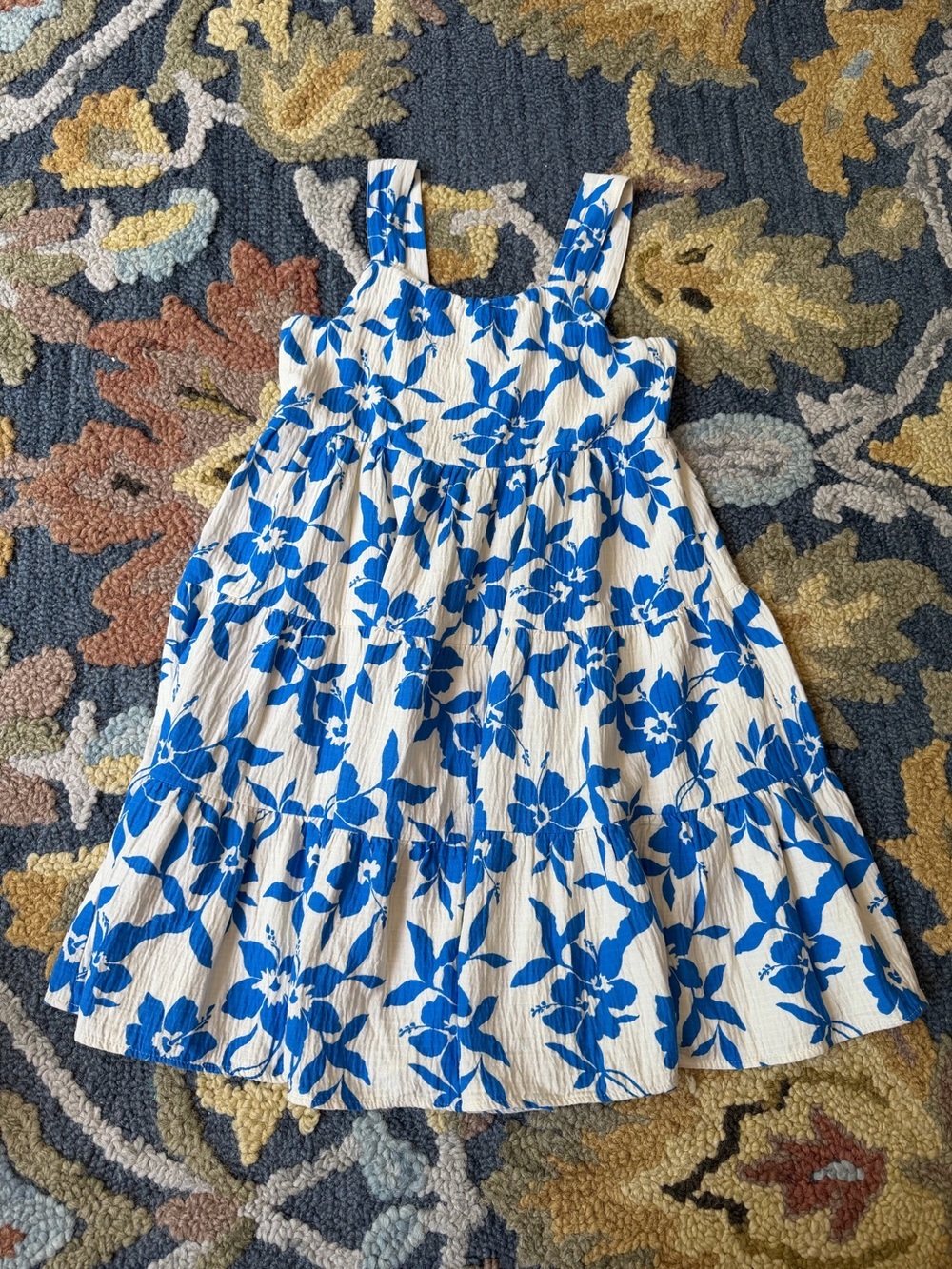Zara White Dress  Bold Blue Floral Print Coastal Vacation Back To School 13/14